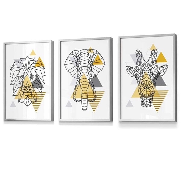 Artze Wall Art Yellow Geometric Giraffe Lion Elephant Set of 3 Framed Wall Art
