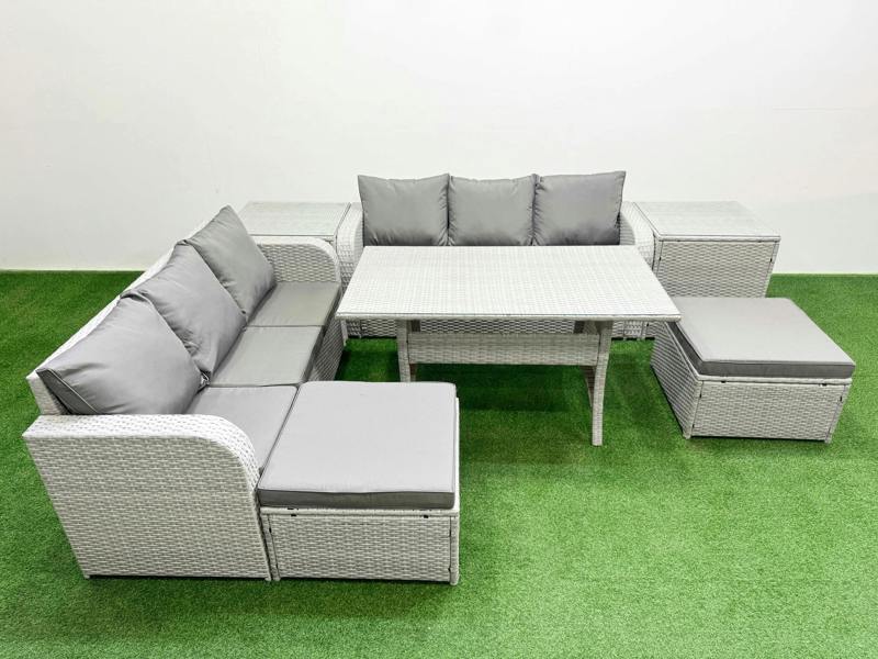 Fimous 8 Seater Wicker Rattan Garden Furniture Patio Set, Dining Table, High Back Lounge Sofa, 2 Big Footstool, 2 Side Table, Light Grey
