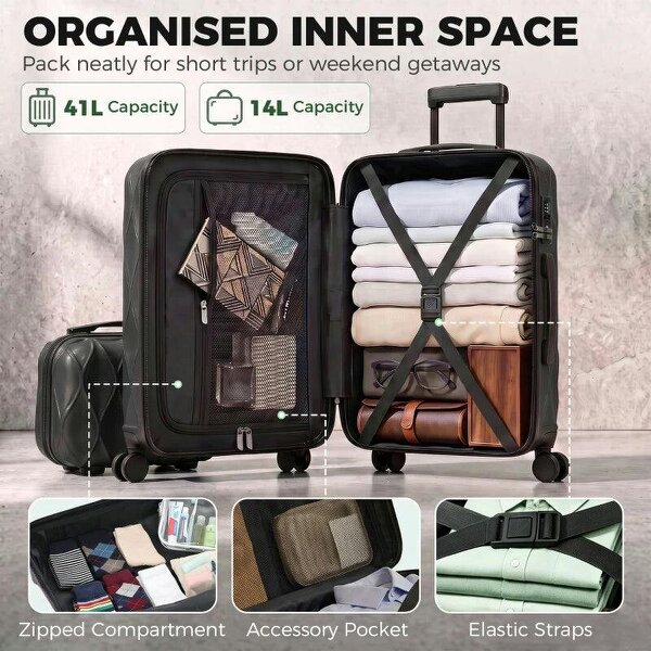 2-Piece Luggage Set, ABS Hard Shell Carry On Suitcase Set with TSA Lock, Spinner Wheels, 12/20 inch, Black