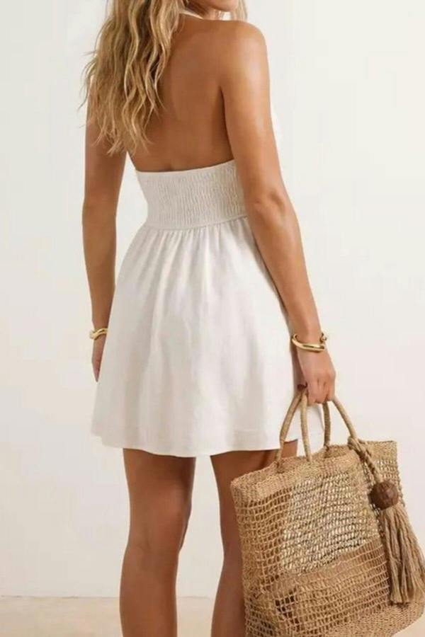 WOVCOR Woven V-Neck Super Mini Gathered Detail 100% Cotton Beach Dress
