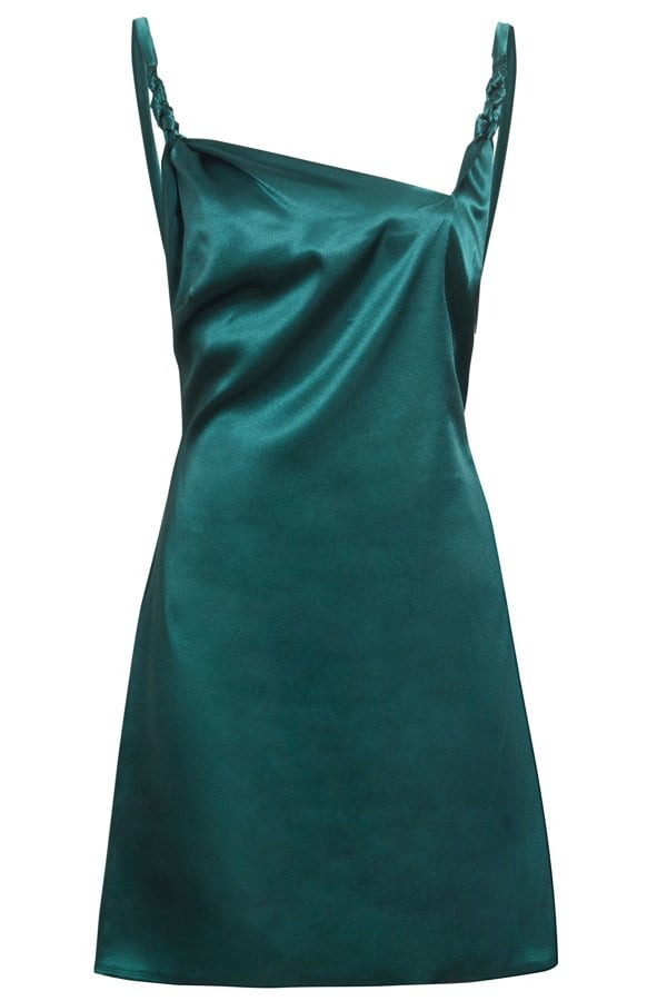 An A-Line Mini Dress by Sarvin in green satin with straps.