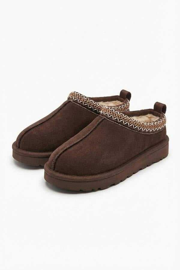 Ravina Chunky Slip On Suede Slippers With Stitch Detail - Brown_wb