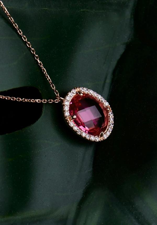 Latelita Beatrice Oval Gemstone Pendant Necklace Rose Gold Pink Tourmaline