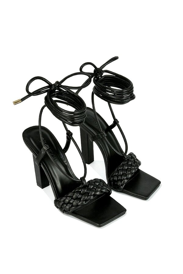 XY LONDON Woven Strap Lace Up Strappy Block Square Toe Heels