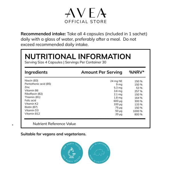 AVEA Essentials Capsules - Daily Multivitamin Sachets With Vitamin D, K2, Omega 3 (EPA & DHA), Zinc & Magnesium - 30 Sachets x 4 Capsules - Vegan Friendly