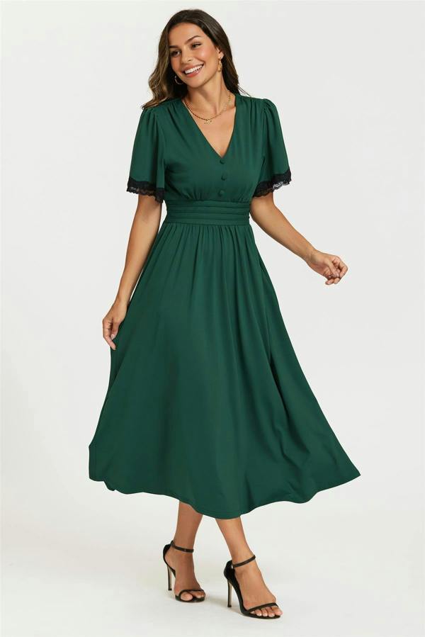 FS Collection Lace Trim Jersey Midi Dress In Green