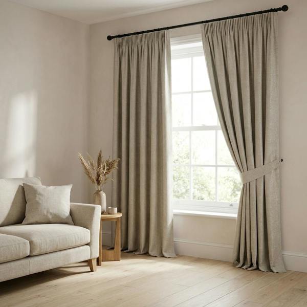 Mestre made-to-measure curtains in Nickel, styled in a living room
