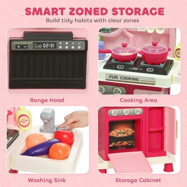 Play Kitchen, 33 PCS Kids Kitchen Playset with Lights, Sounds, Storage, Circulating Water Sink for 3-6 Years, Pink