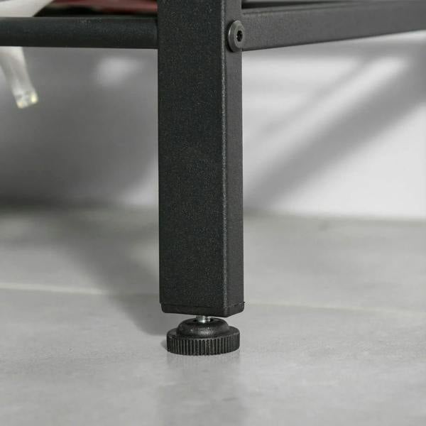 Adjustable foot pad on black metal leg of the coat rack shoe bench