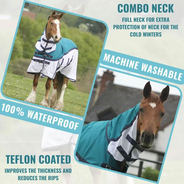 eQuitack 600D 2 in 1 Waterproof Fly Turnout Mesh Horse Rug Fixed Neck Petrol/White 5'6''
