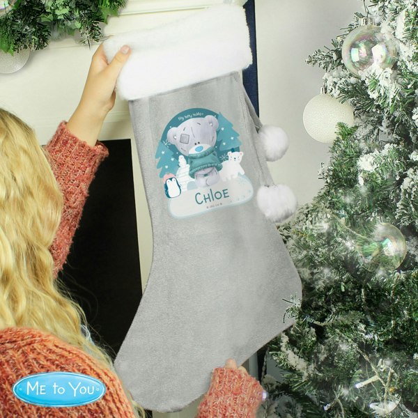 Personalised Memento Company Personalised Christmas Tiny Tatty Teddy Silver Grey Stocking