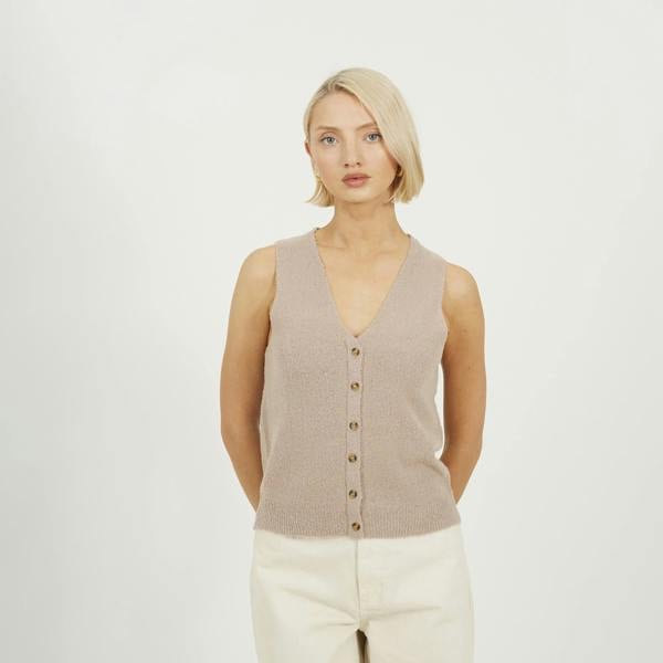 Brave Soul Taupe Mossy Yarn V-Neck Knitted Waistcoat - Taupe Image 1
