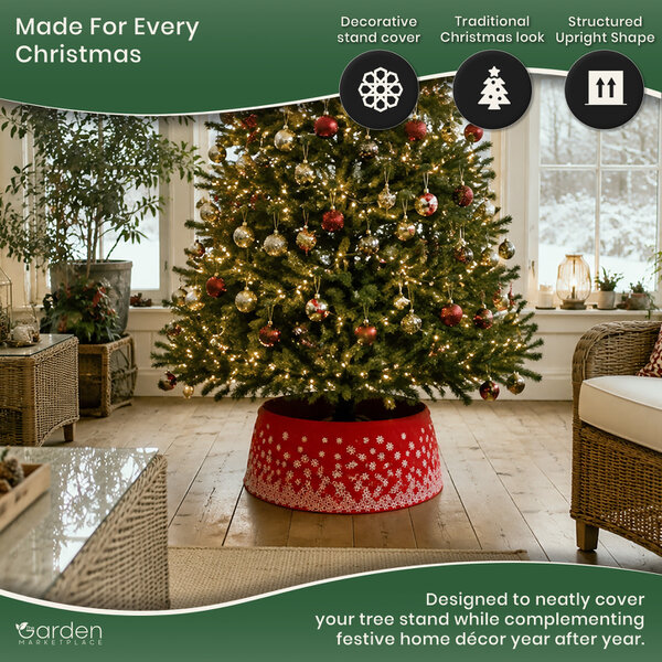Pop Up Christmas Tree Skirt Collar in Red Snowy Pattern Fabric, Sprung Steel Frame Stand Cover, Fits 1.5–2.1m Trees, 56cm Diameter x 25cm High