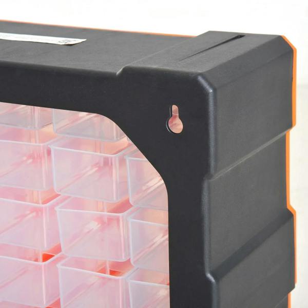 Black corner of orange parts organizer cabinet with clear drawer bins and grip cutout