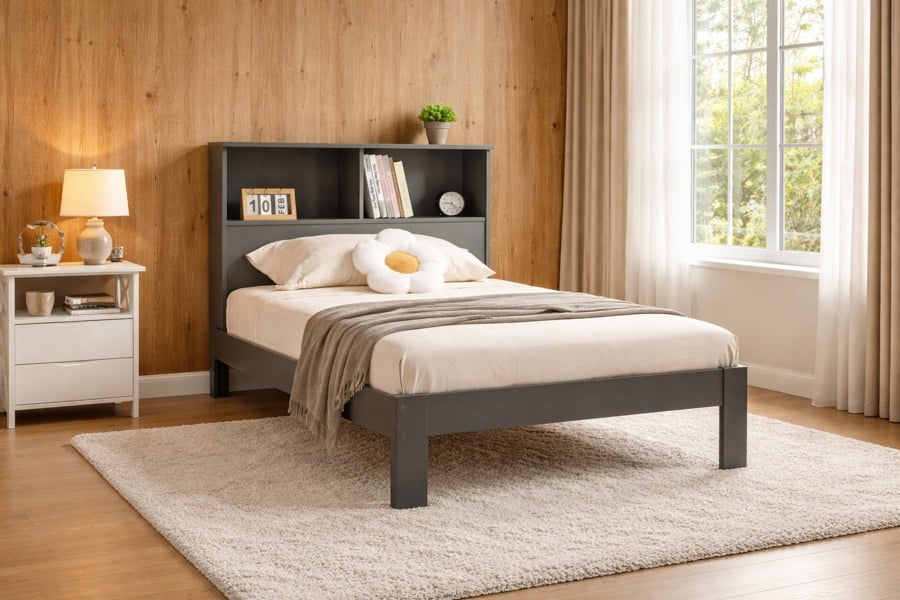 Mission TM Easton Wooden Single Bed Frame with Shelf Headboard, White or Grey