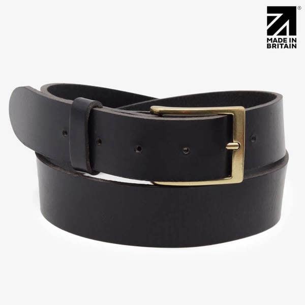 Black handcrafted leather belt 35mm front view — Made in Britain — PRIMEHIDE
