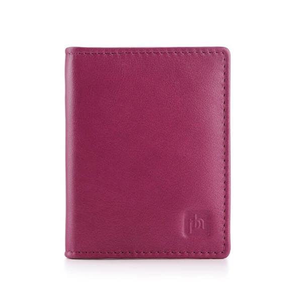 Fuchsia leather wallet with a brand logo on a white background