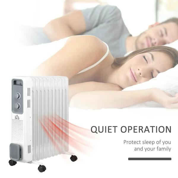White oil-filled radiator heater with side control dials and caster wheels.