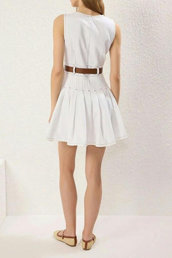 WOVCOR Belted V-Neck Pleated Mini Denim Dress