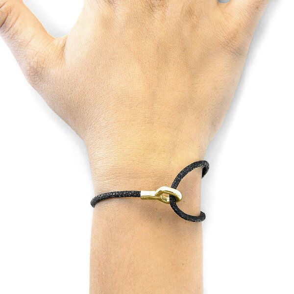 Anchor & Crew Raven Black Blake 9ct Yellow Gold and Stingray Leather Bracelet