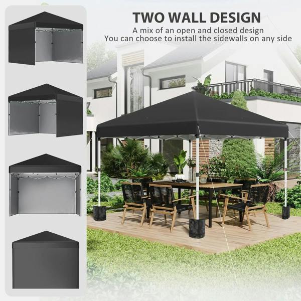Black pop up gazebo tent with sidewalls, showing install options for any side