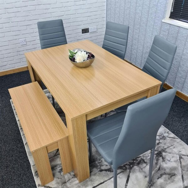 KOSY KOALA 6 Seater Modern Light Wood Dining Table Set with 4 Grey Faux Leather Chairs and Bench Metal Legs H75 x L140 x W80 cm