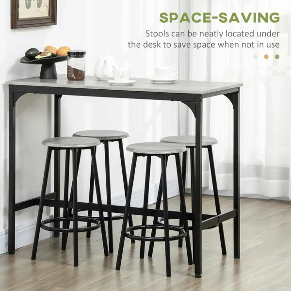 Industrial bar table set with grey top, black frame, and four space-saving bar stools