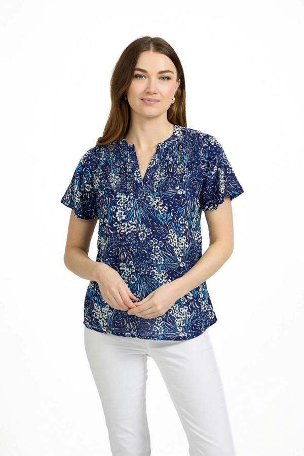 Mudflower Floral Print Lightweight Shirred Bodice Top