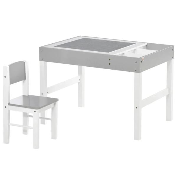 Grey kids table with storage tray and side compartments, with matching chair