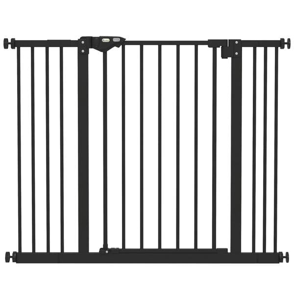 Black metal safety gate with vertical bars and wall-mount brackets
