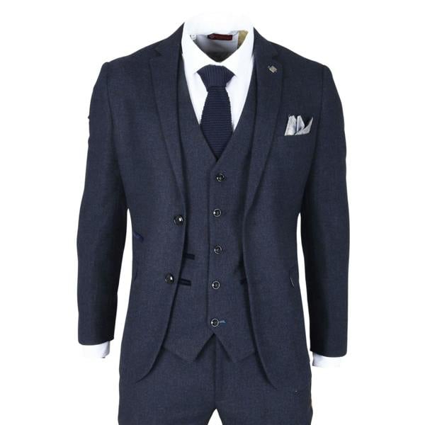 Infinity Leather Men's Navy Blue Wool Blend Tweed Formal Suit