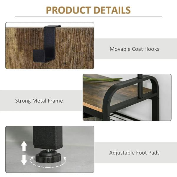 Detail view of sturdy metal frame, movable coat hooks, and adjustable foot pads