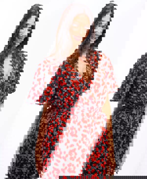 Needs No Label Red Floral Flutter Sleeve Jumpsuit