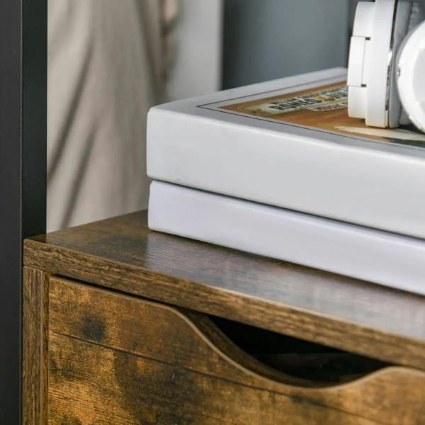 Rustic brown drawer front with curved handle cutout, shown beside a bed