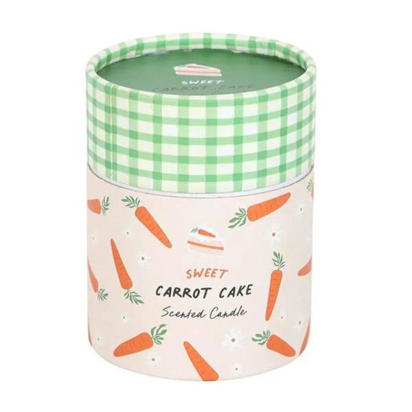 Carrot cake scented candle with green gingham lid and carrot-patterned jar label