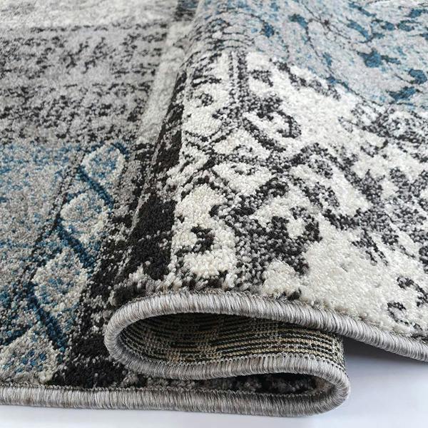 Oriental Rug Grey Blue Patchwork Pattern Mat Small Large Room Floor Check Carpet