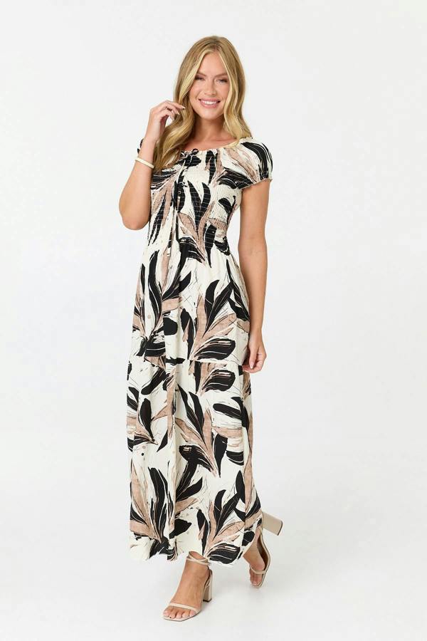 Black | Printed Short Sleeve Bardot Maxi Dress