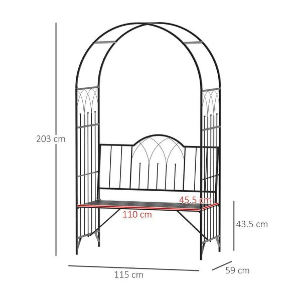 Garden Metal Arch Bench Outdoor Patio Rose Trellis Arbour Pergola for Climbing Plant Antique Style 2-Seater Chair, Black