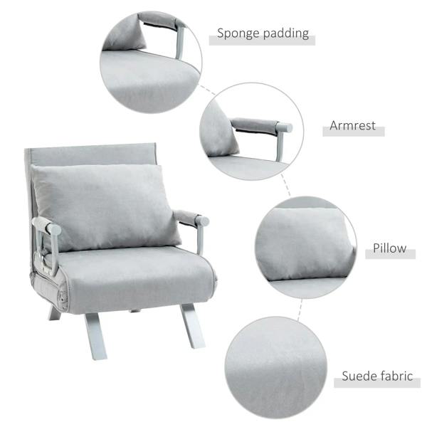 Light grey sueded fabric futon chair with padded armrests and stitched cushions