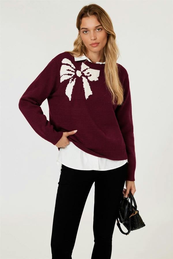 FS Collection Bowknot Pattern On Shoulder Knit Jumper Top In Wine