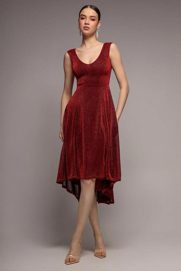 Off The Shoulder Lurex High Low Dress - Red DR3642