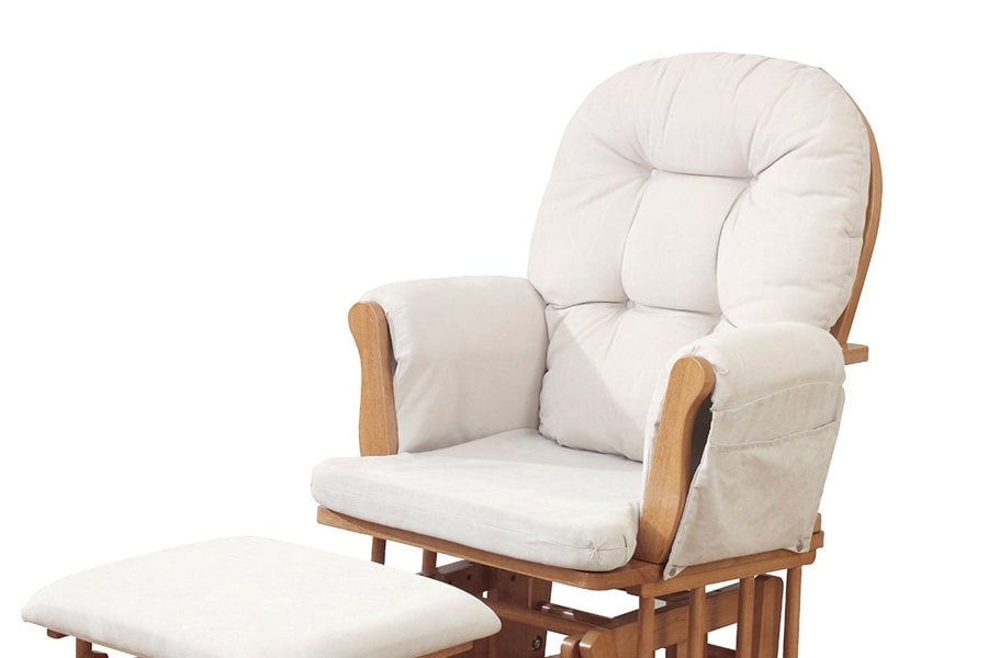 Zoomed in image, natural wood and beige cushions glider chair