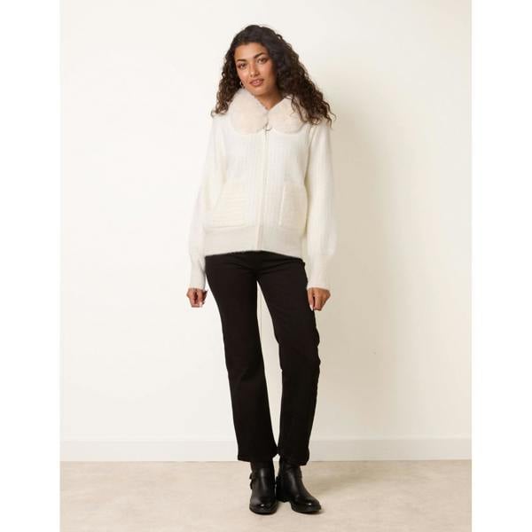 Blue Vanilla Ribbed Cardigan With Faux Fur Collar