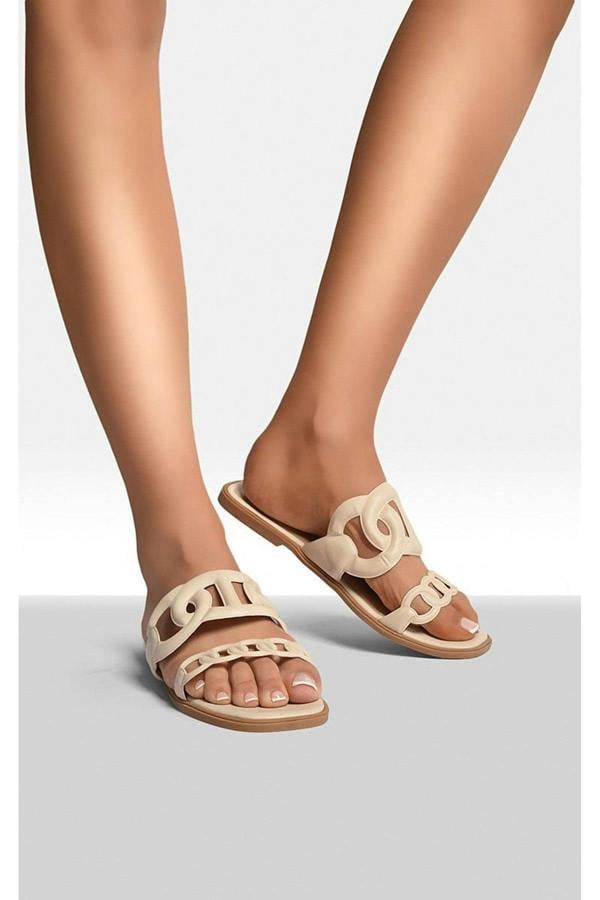 Betty Comfortable Flat Sandals With Double Leather Chain - Cream