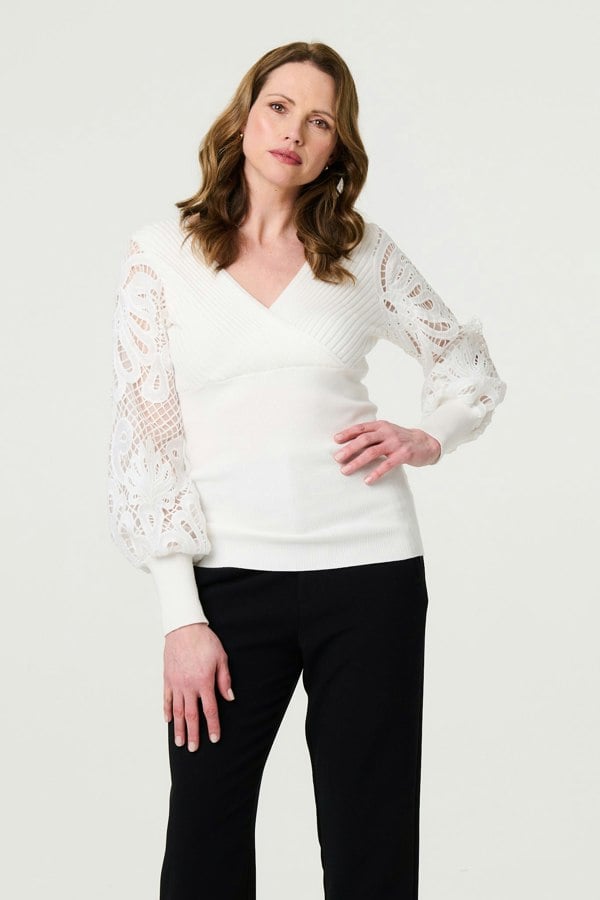 Cream | Floral Lace Puff Sleeve Fitted Knit Top
