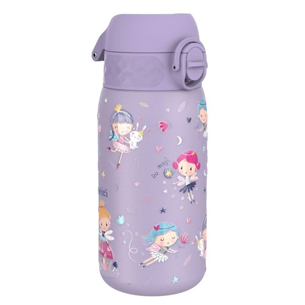 A lavender-colored water bottle, featuring illustrations of fairies and bunnies, sits against a white background. The bottle has a hinged purple lid. "Do magic" is written on the bottle.