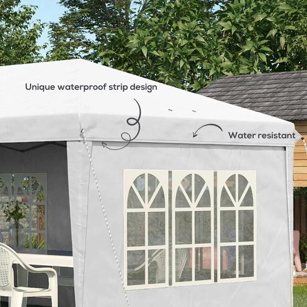 White gazebo side panel with window graphic and water-resistant strip detail
