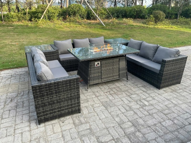 Fimous Outdoor Rattan Garden Furniture Gas Fire Pit Dining Table Gas Heater Sets Side Tables Dark Mixed Grey 9 Seater