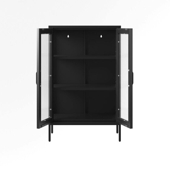 Wyld Haus Barla Black Steel Metal 2 Reeded Glass Door Cabinet