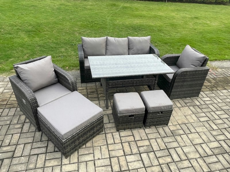 Fimous 8 Seater Rattan Outdoor Garden Furniture Set Rectangular Dining Table and Chair Sofa Set With 3 Footstools Dark Grey Mixed